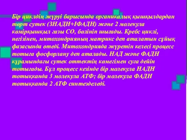 Бір циклдің жүруі барысында органикалық қышқылдардан төрт сутек (ЗНАДН+ІФАДН) және