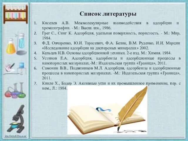 Список литературы Киселев А.В. Межмолекулярные взаимодействия в адсорбции и хроматографии.