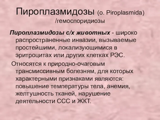 Пироплазмидозы (о. Piroplasmida) /гемоспоридиозы Пироплазмидозы с/х животных - широко распространенные