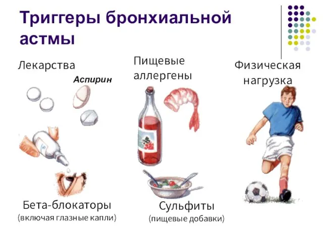 Бета-блокаторы (включая глазные капли) Сульфиты (пищевые добавки) Физическая нагрузка Аспирин Лекарства Пищевые аллергены Триггеры бронхиальной астмы