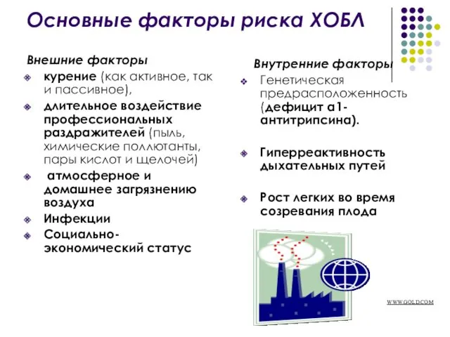 Основные факторы риска ХОБЛ Внешние факторы курение (как активное, так