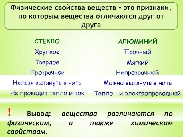 Физические свойства веществ - это признаки, по которым вещества отличаются