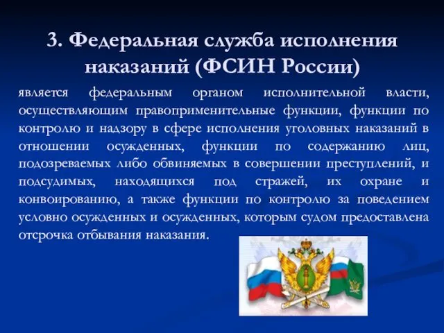 3. Федеральная служба исполнения наказаний (ФСИН России) является федеральным органом исполнительной власти, осуществляющим