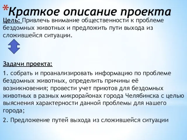 Краткое описание проекта Цель: Привлечь внимание общественности к проблеме бездомных