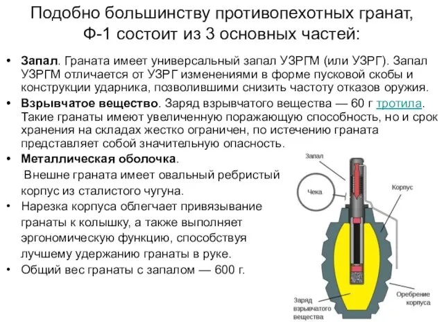 Подобно большинству противопехотных гранат, Ф-1 состоит из 3 основных частей: