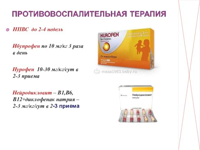 НПВС до 2-4 недель Ибупрофен по 10 мг⁄кг 3 раза