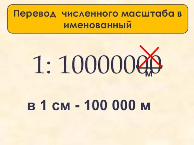 1: 10000000 м в 1 см - 100 000 м Перевод численного масштаба в именованный