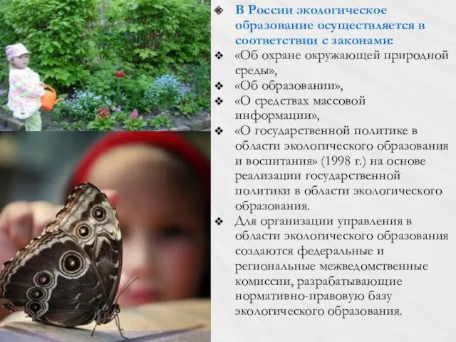 В России экологическое образование осуществляется в соответствии с законами: «Об охране окружающей природной