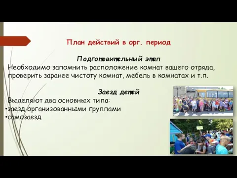 План действий в орг. период Подготовительный этап Необходимо запомнить расположение