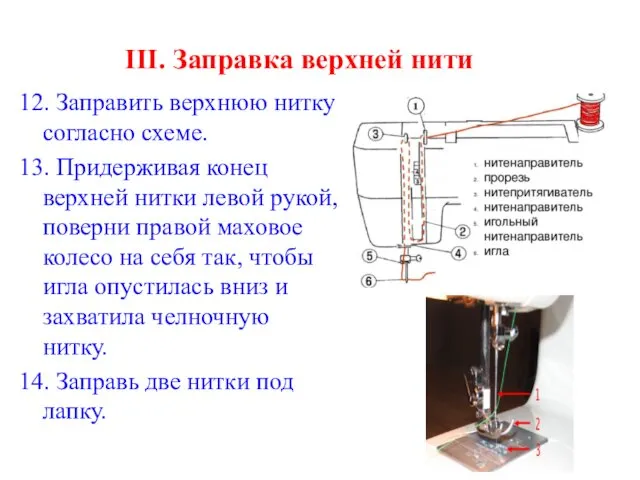 III. Заправка верхней нити 12. Заправить верхнюю нитку согласно схеме.