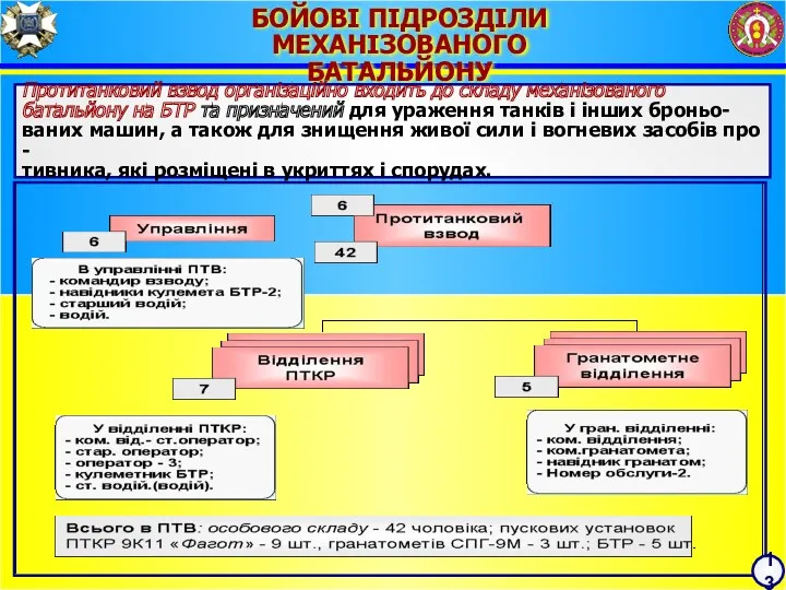 БОЙОВІ ПІДРОЗДІЛИ МЕХАНІЗОВАНОГО БАТАЛЬЙОНУ Протитанковий взвод організаційно входить до складу