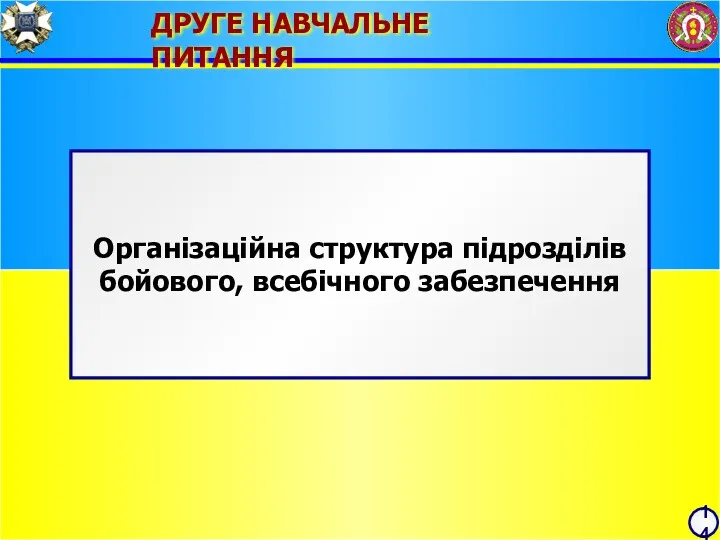 14 ДРУГЕ НАВЧАЛЬНЕ ПИТАННЯ Організаційна структура підрозділів бойового, всебічного забезпечення