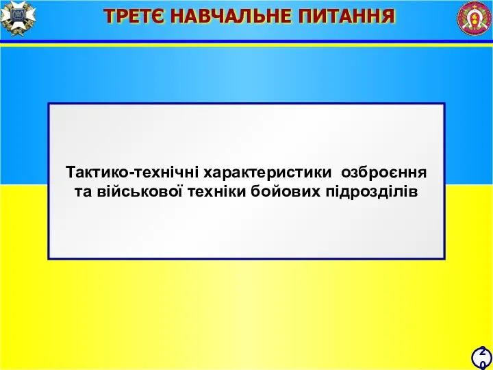 20 ТРЕТЄ НАВЧАЛЬНЕ ПИТАННЯ Тактико-технічні характеристики озброєння та військової техніки бойових підрозділів