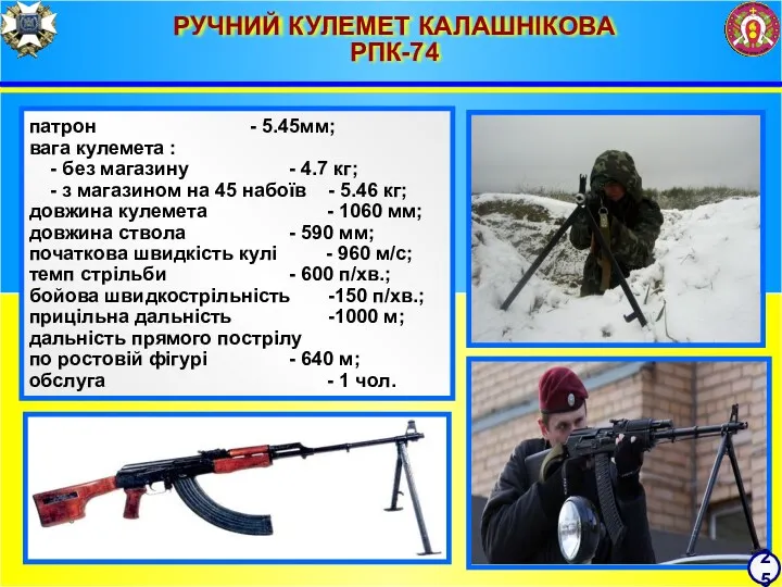 РУЧНИЙ КУЛЕМЕТ КАЛАШНІКОВА РПК-74 патрон - 5.45мм; вага кулемета :
