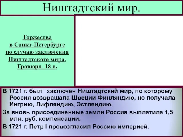 Ништадтский мир. В 1721 г. был заключен Ништадтский мир, по