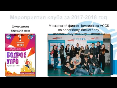 Мероприятия клуба за 2017-2018 год Ежегодная зарядка для первокурсников Московский