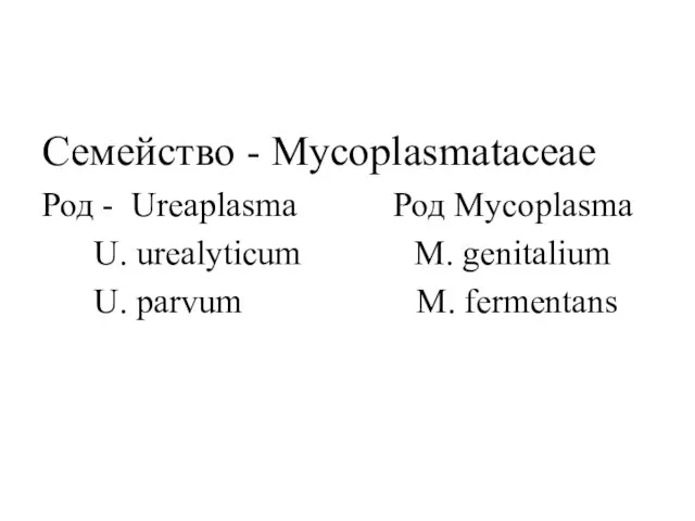 Семейство - Mycoplasmataceae Род - Ureaplasma Род Mycoplasma U. urealyticum M. genitalium U. parvum M. fermentans