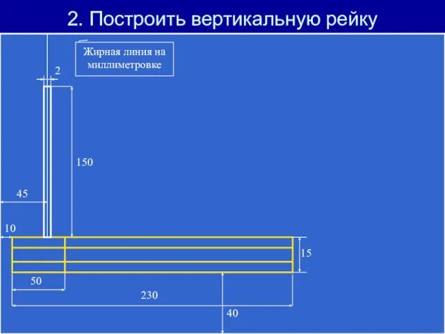 2. Построить вертикальную рейку 40 10 Жирная линия на миллиметровке 2 50 45 150 15 230