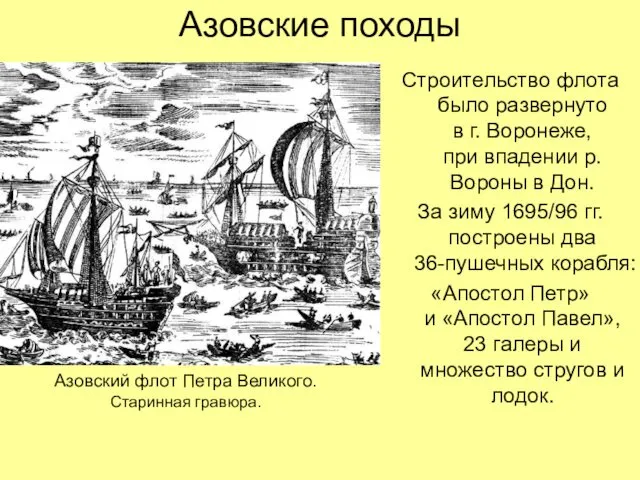 Азовские походы Строительство флота было развернуто в г. Воронеже, при