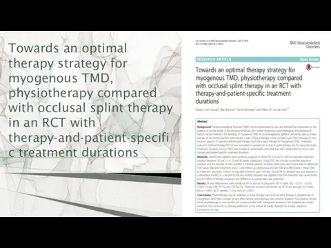 Towards an optimal therapy strategy for myogenous TMD, physiotherapy compared