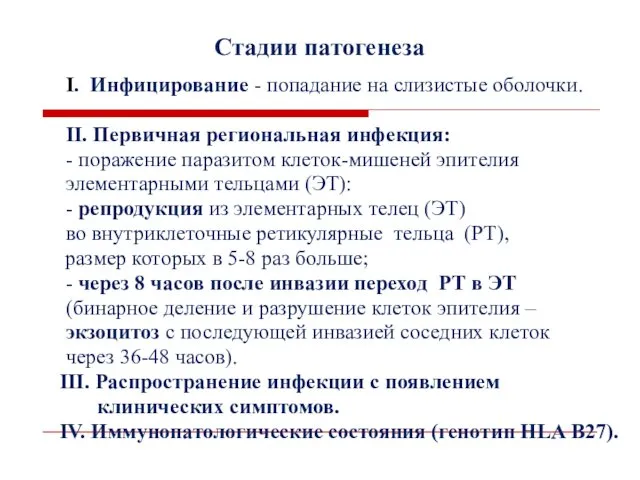 Стадии патогенеза I. Инфицирование - попадание на слизистые оболочки. II.