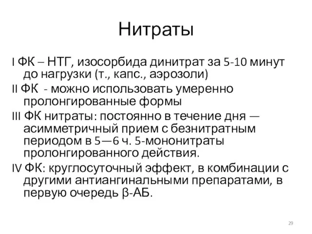 Нитраты I ФК – НТГ, изосорбида динитрат за 5-10 минут