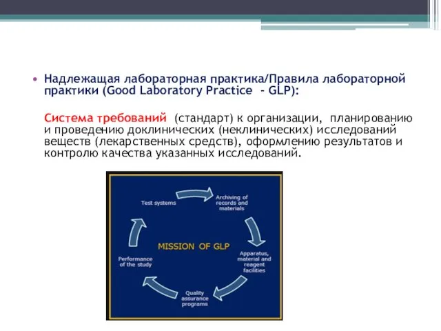 Надлежащая лабораторная практика/Правила лабораторной практики (Good Laboratory Practice - GLP):