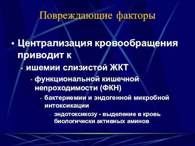 Повреждающие факторы Централизация кровообращения приводит к ишемии слизистой ЖКТ функциональной