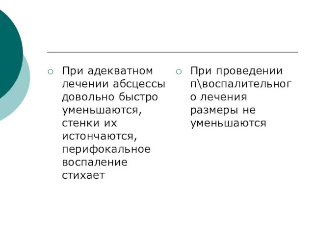 При адекватном лечении абсцессы довольно быстро уменьшаются, стенки их истончаются,