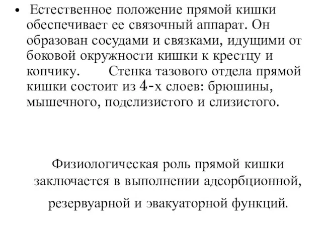 Естественное положение прямой кишки обеспечивает ее связочный аппарат. Он образован