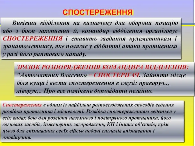 СПОСТЕРЕЖЕННЯ Вивівши відділення на визначену для оборони позицію або з