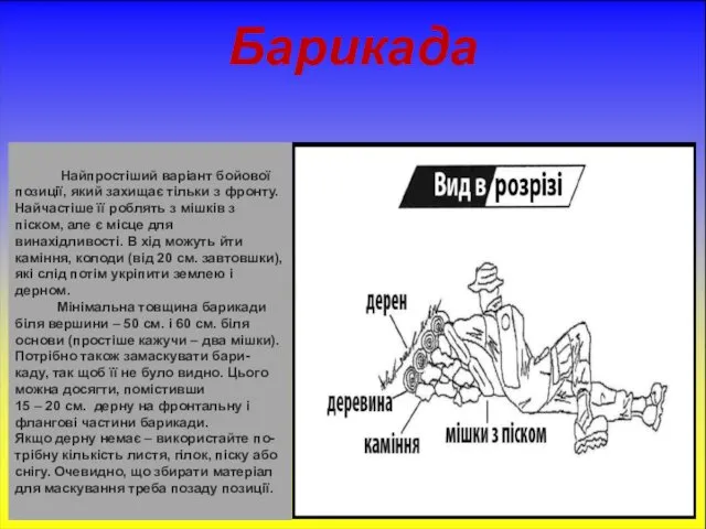 Барикада Найпростіший варіант бойової позиції, який захищає тільки з фронту.