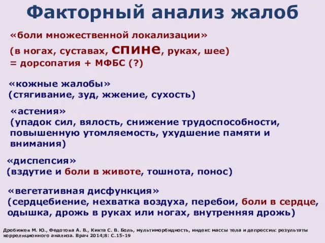 Факторный анализ жалоб «боли множественной локализации» (в ногах, суставах, спине,