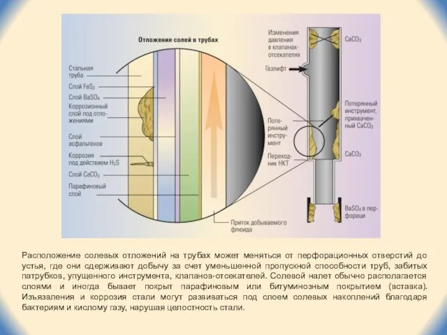 Расположение солевых отложений на трубах может меняться от перфорационных отверстий