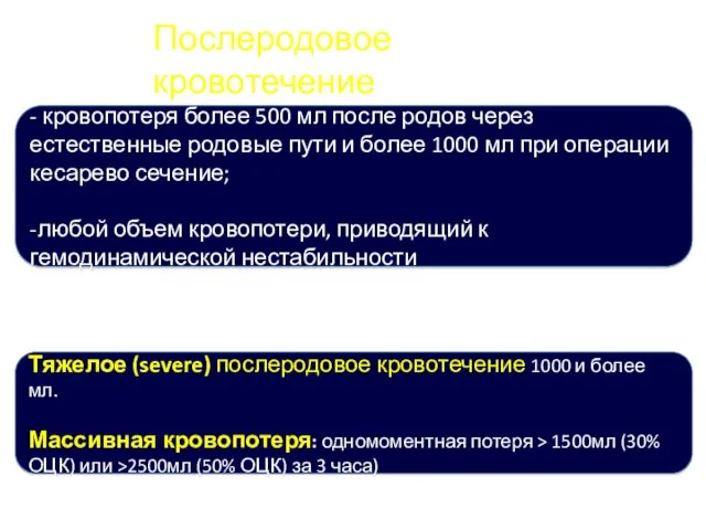 Определение: Послеродовое кровотечение - кровопотеря более 500 мл после родов