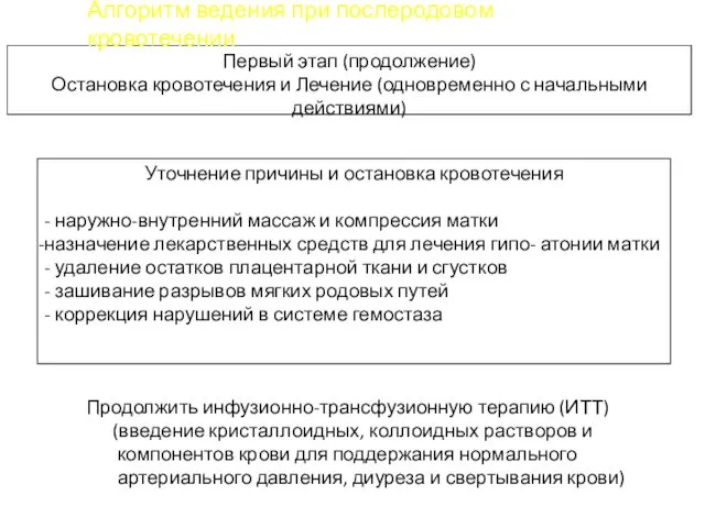 Первый этап (продолжение) Остановка кровотечения и Лечение (одновременно с начальными