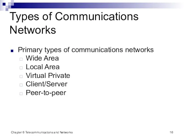 Chapter 6 Telecommunications and Networks Types of Communications Networks Primary