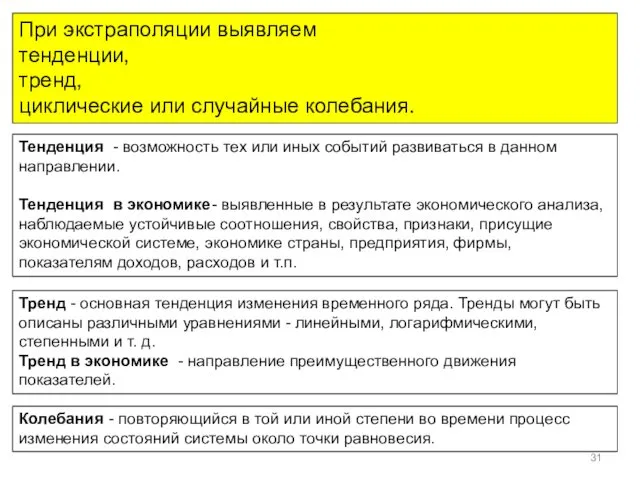 При экстраполяции выявляем тенденции, тренд, циклические или случайные колебания. Тренд