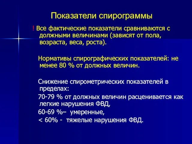 Показатели спирограммы ! Все фактические показатели сравниваются с должными величинами