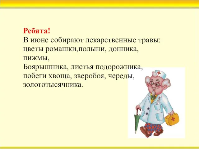 Ребята! В июне собирают лекарственные травы: цветы ромашки,полыни, донника, пижмы,