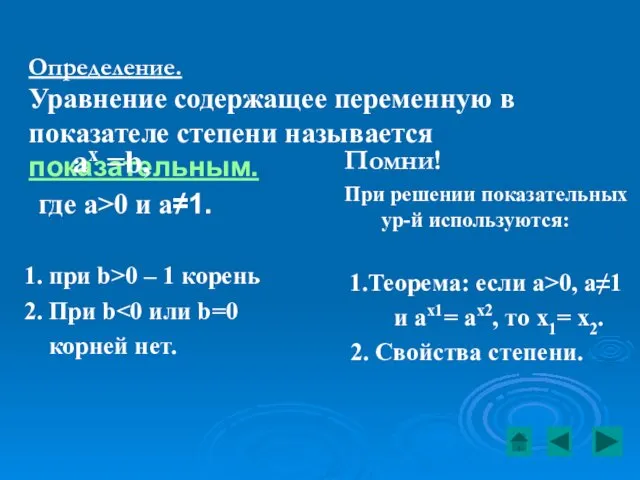 Определение. Уравнение содержащее переменную в показателе степени называется показательным. ax