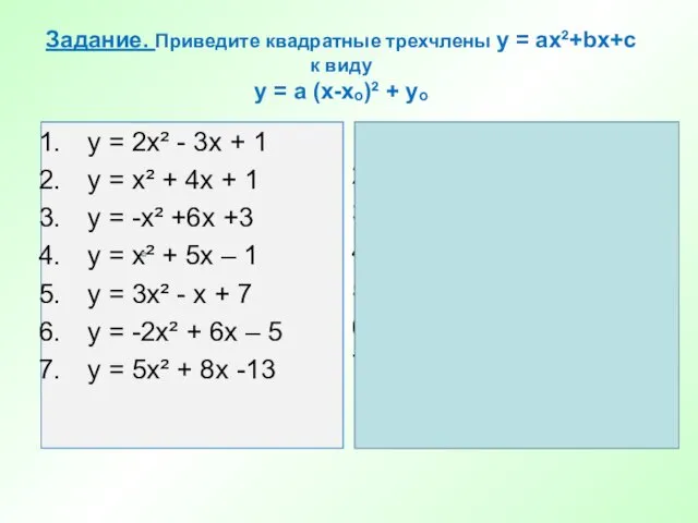 Задание. Приведите квадратные трехчлены у = ax²+bx+c к виду y = a (x-xₒ)²