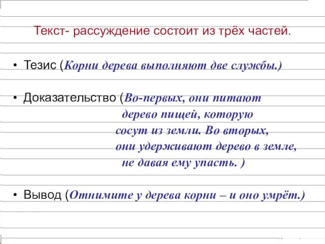 Текст- рассуждение состоит из трёх частей. Тезис (Корни дерева выполняют