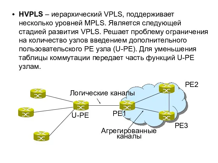 HVPLS – иерархический VPLS, поддерживает несколько уровней MPLS. Является следующей стадией развития VPLS.