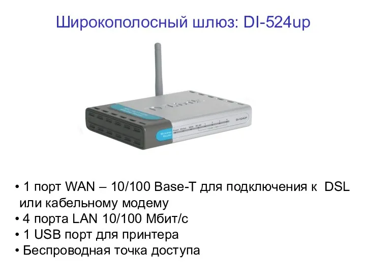 Широкополосный шлюз: DI-524up 1 порт WAN – 10/100 Base-T для