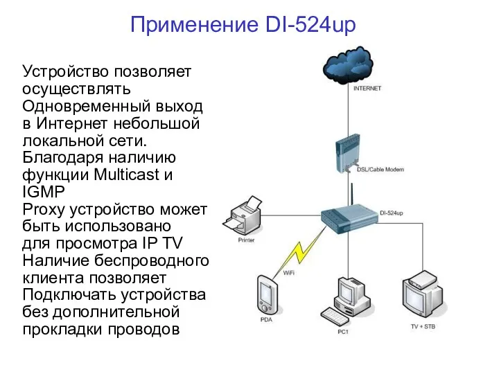 Применение DI-524up a Устройство позволяет осуществлять Одновременный выход в Интернет