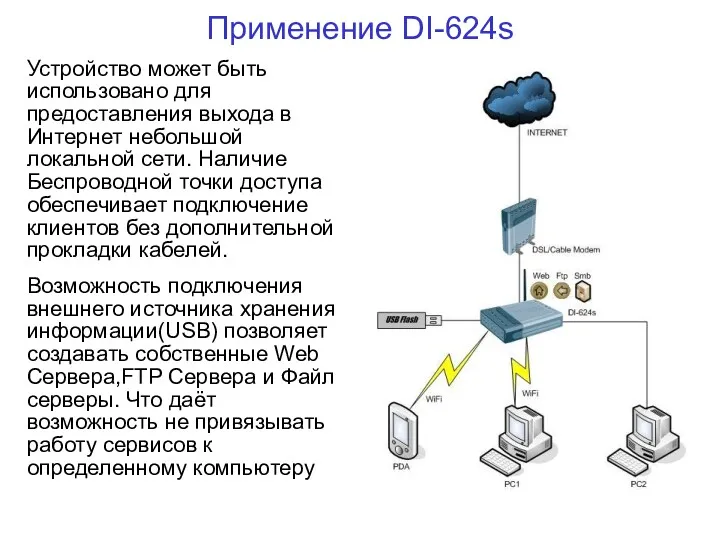 Применение DI-624s Устройство может быть использовано для предоставления выхода в Интернет небольшой локальной