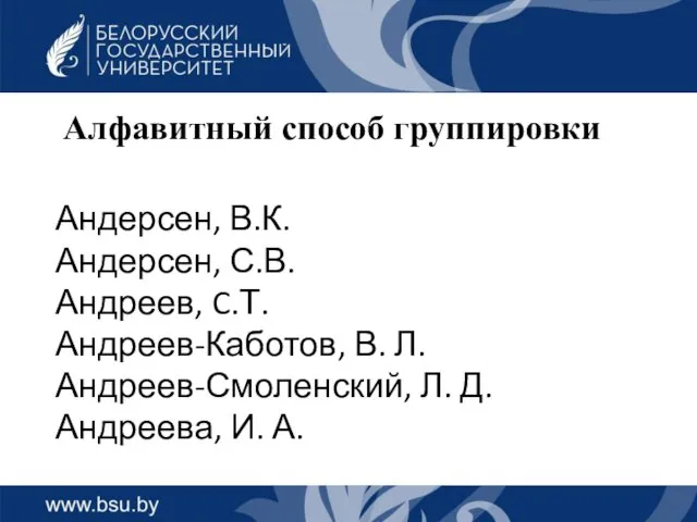 Алфавитный способ группировки Андерсен, В.К. Андерсен, С.В. Андреев, C.Т. Андреев-Каботов,