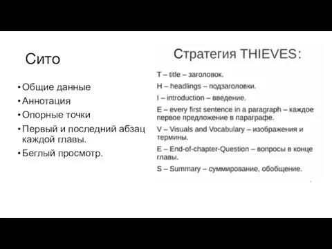 Сито Общие данные Аннотация Опорные точки Первый и последний абзац каждой главы. Беглый просмотр.