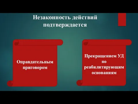 Незаконность действий подтверждается Оправдательным приговором Прекращением УД по реабилитирующим основаниям